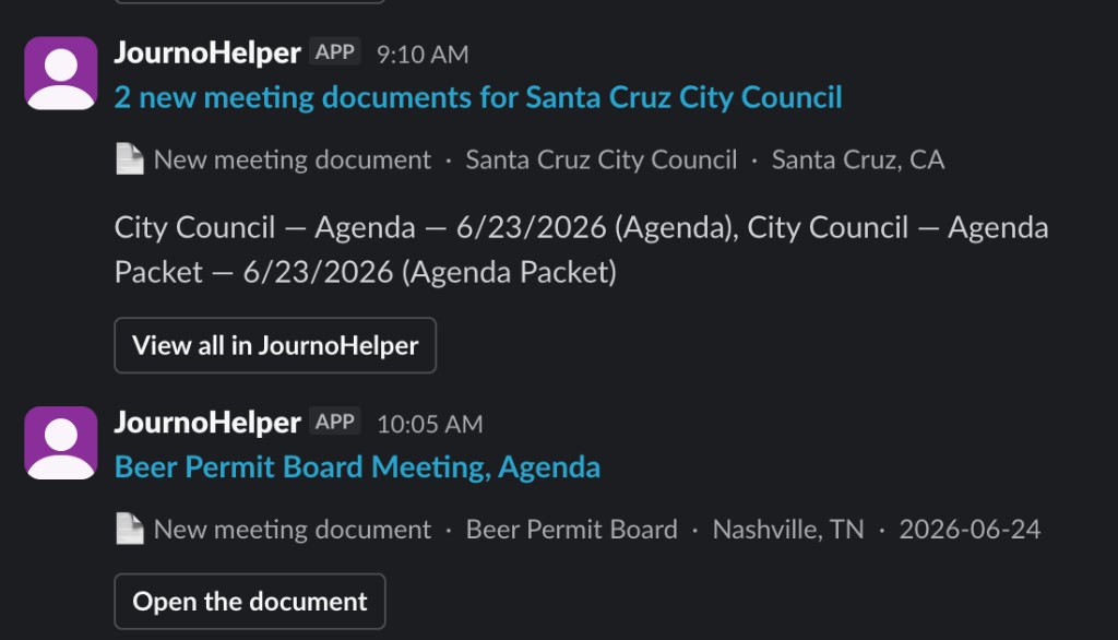 JournoHelper Slack alerts for Santa Cruz City Council and Beer Permit Board meetings in Nashville